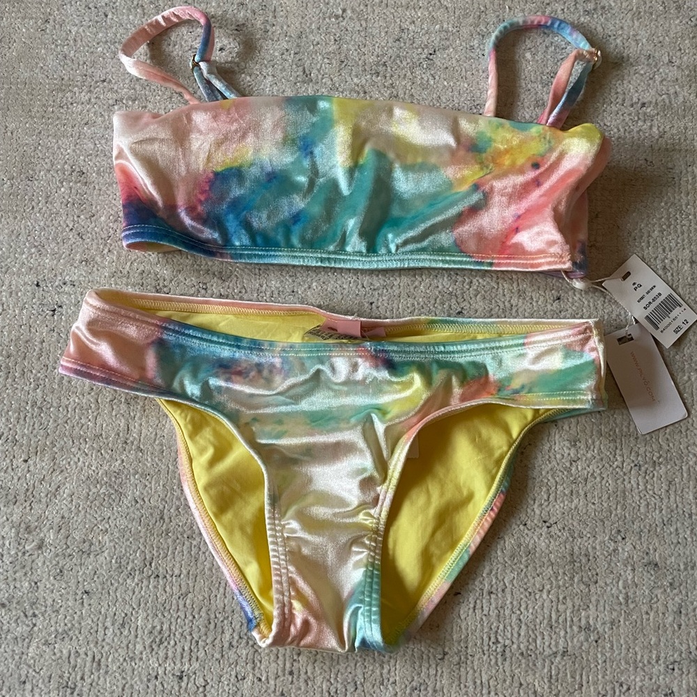 Girls NWT PilyQ  Bikini sz 12  Aqua Pink Yellow Tie Die Kids Swim
